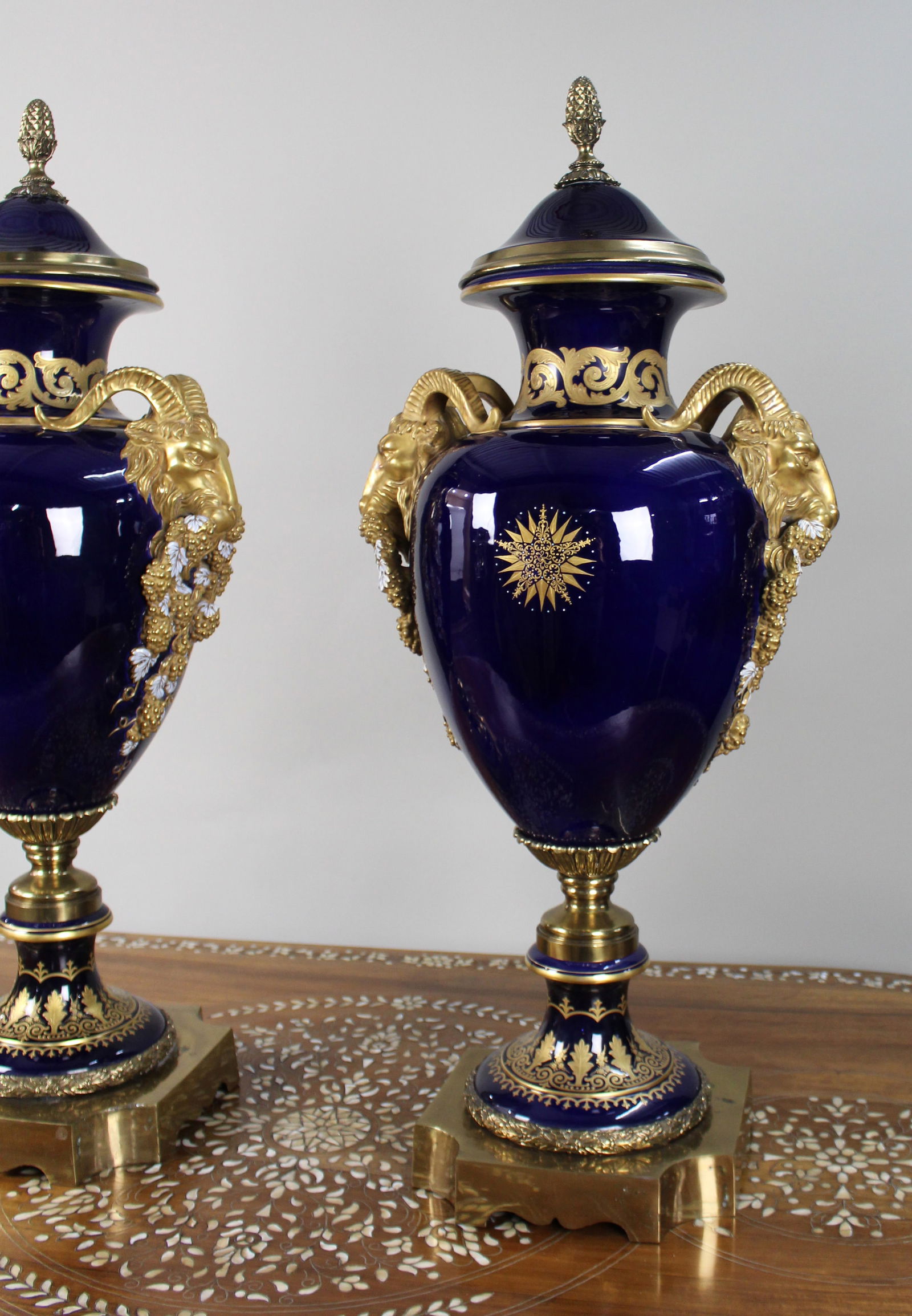 Pair of Fine Sevres Style Cobalt Blue Rams Head Lidded Urns - 2