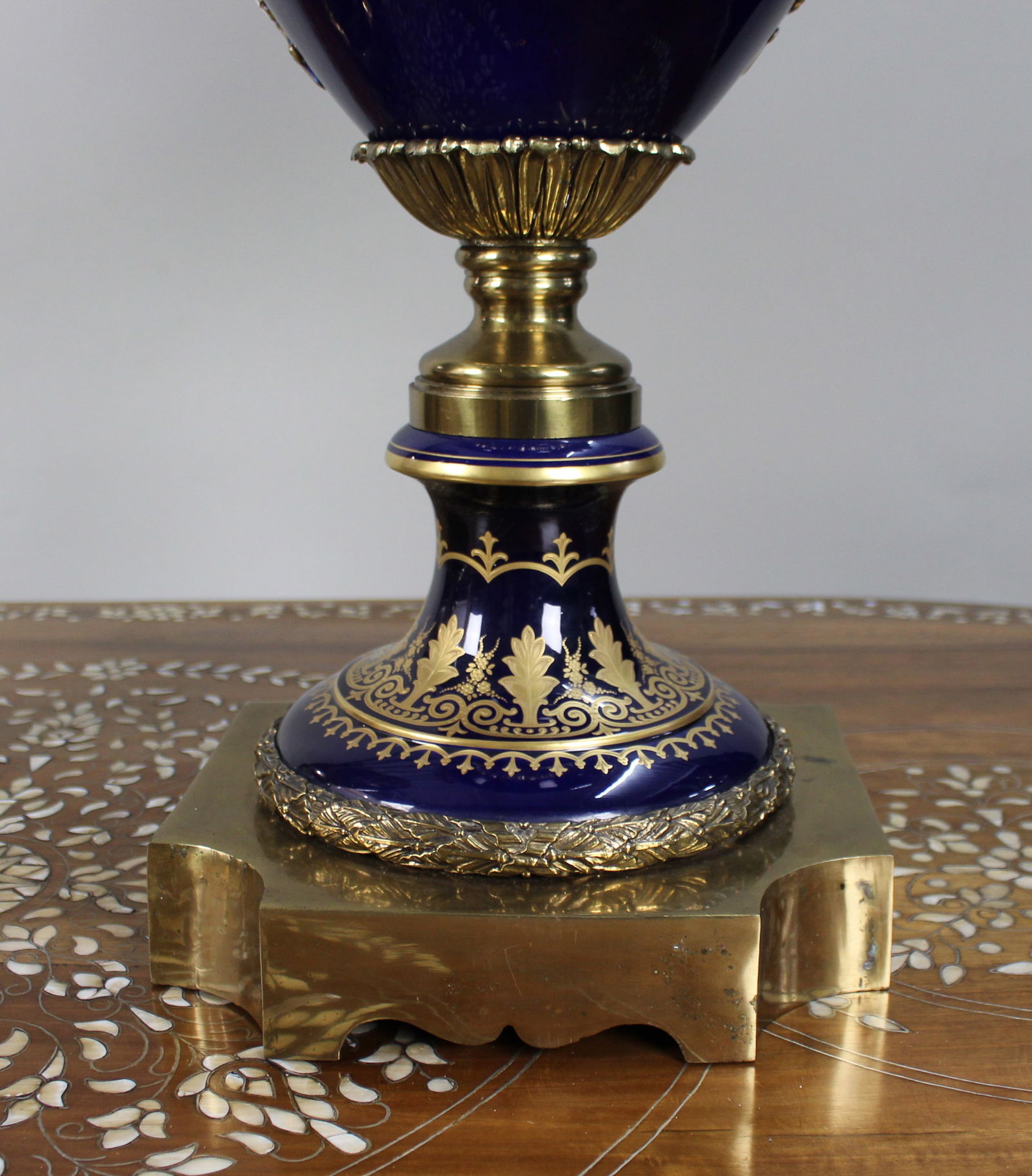 Pair of Fine Sevres Style Cobalt Blue Rams Head Lidded Urns - 4