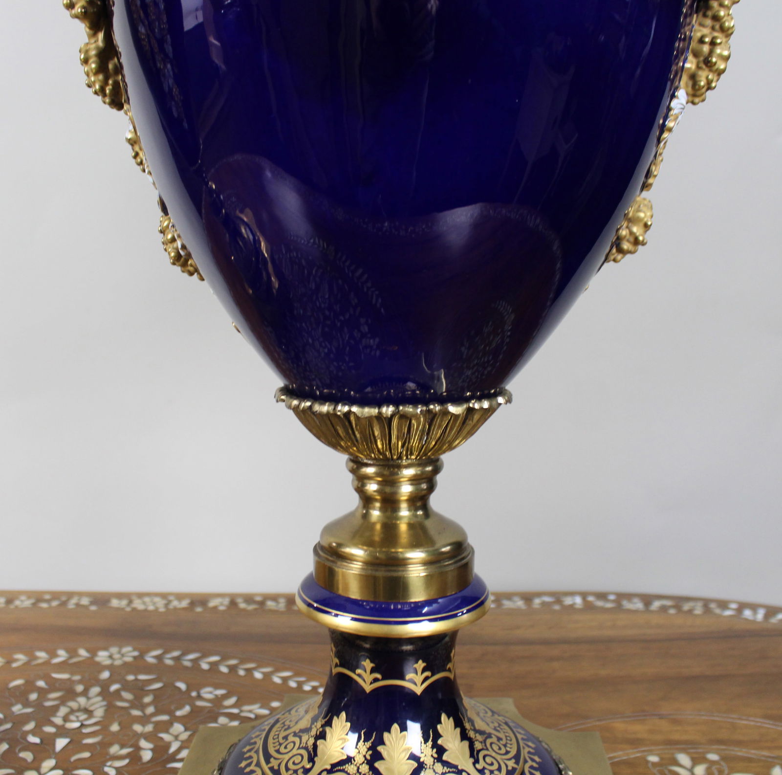 Pair of Fine Sevres Style Cobalt Blue Rams Head Lidded Urns - 5