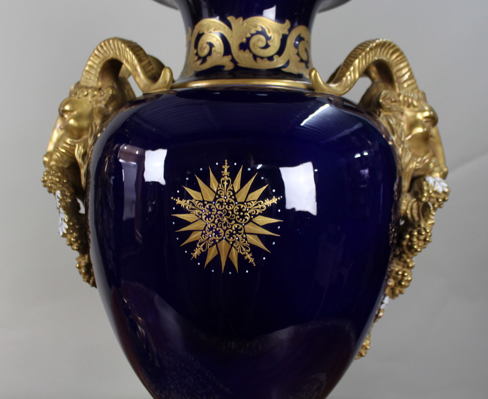 Pair of Fine Sevres Style Cobalt Blue Rams Head Lidded Urns - 6