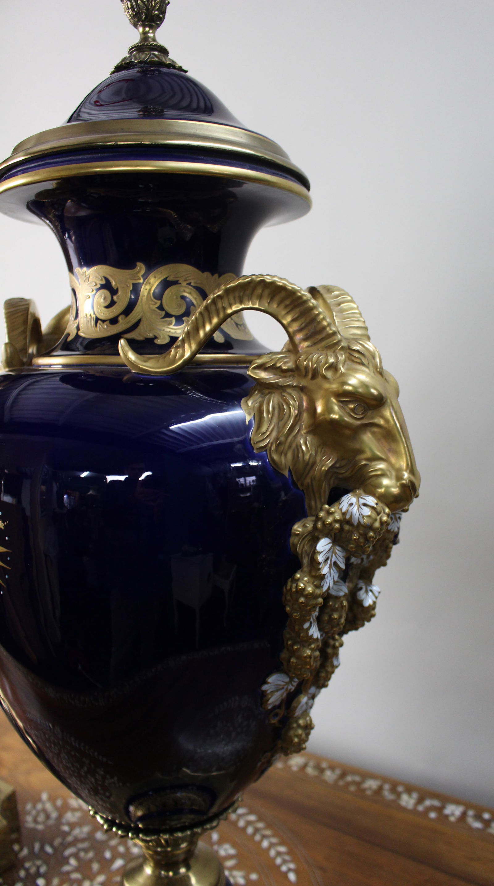 Pair of Fine Sevres Style Cobalt Blue Rams Head Lidded Urns - 7
