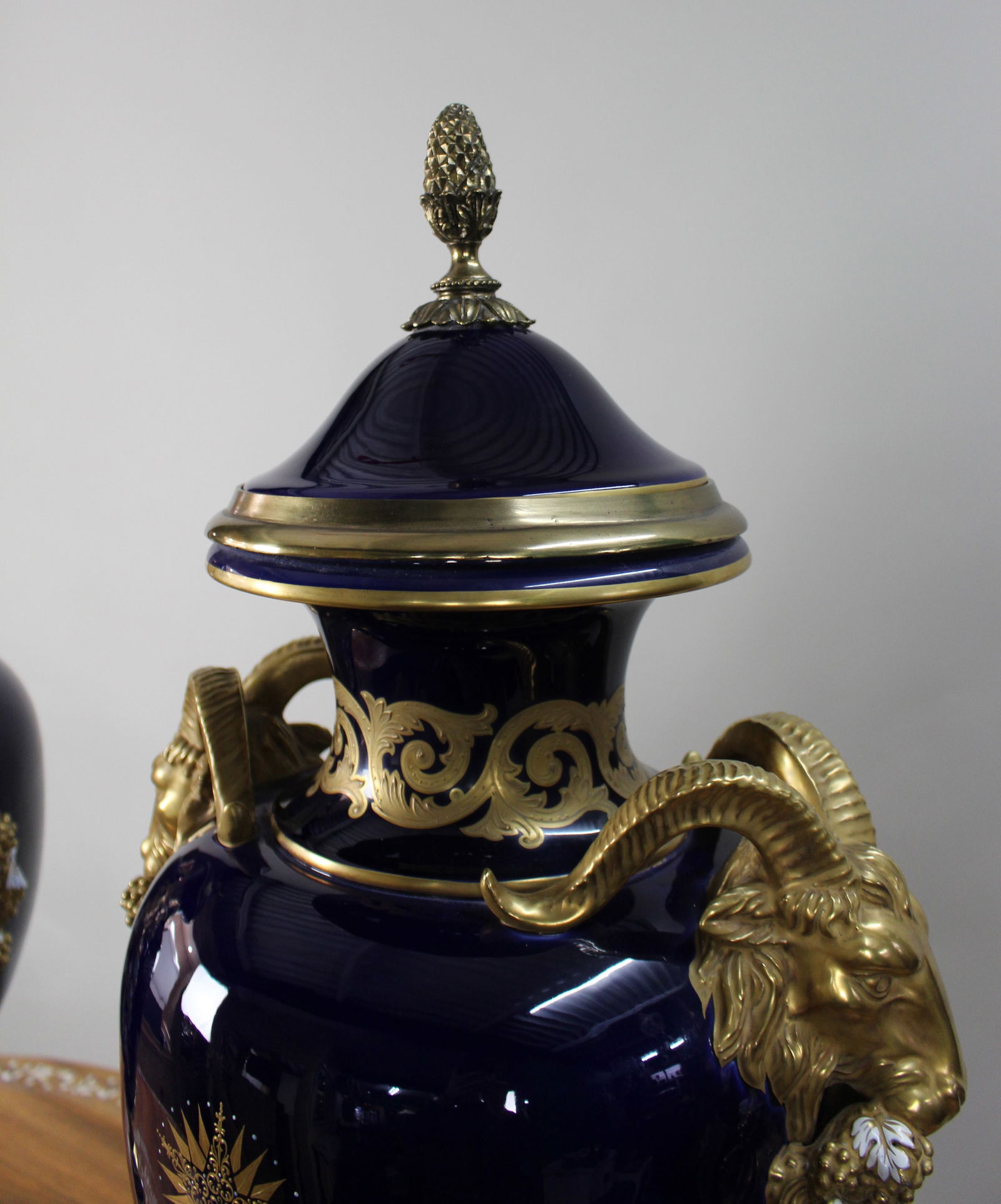Pair of Fine Sevres Style Cobalt Blue Rams Head Lidded Urns - 8