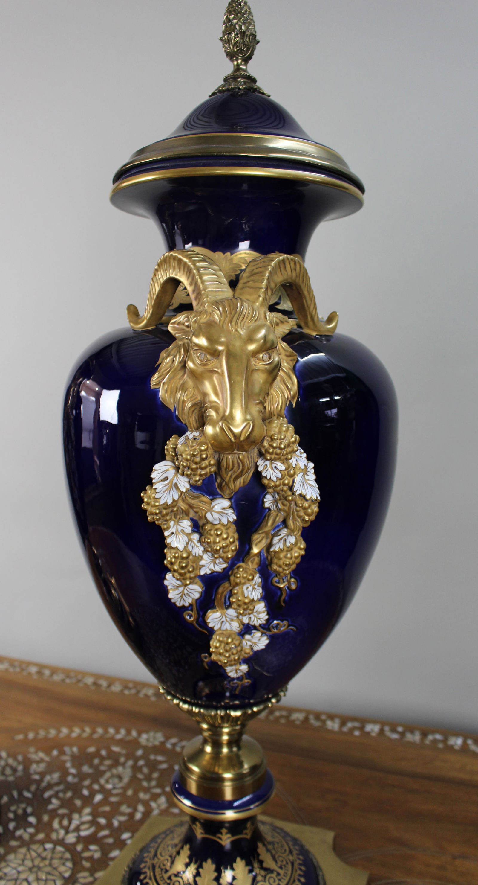 Pair of Fine Sevres Style Cobalt Blue Rams Head Lidded Urns - 9