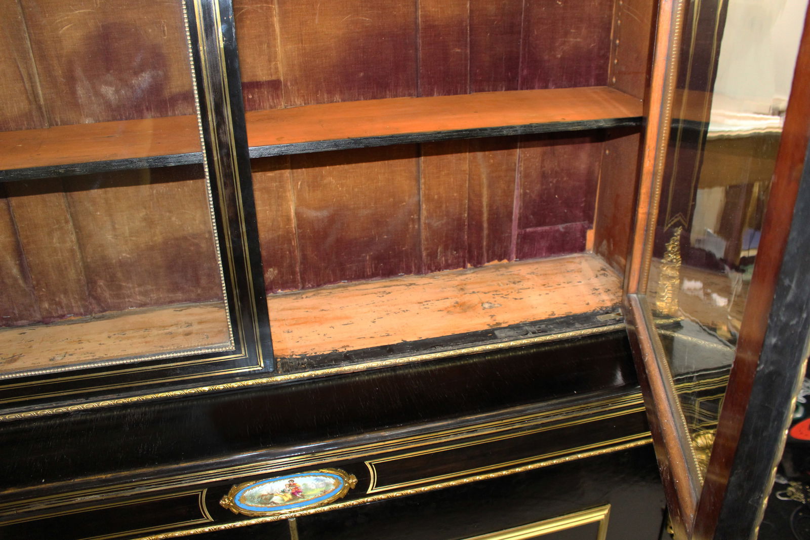 French Brass Inlaid Ebonized Bookcase with Sevres Plaques c.1820 - 5