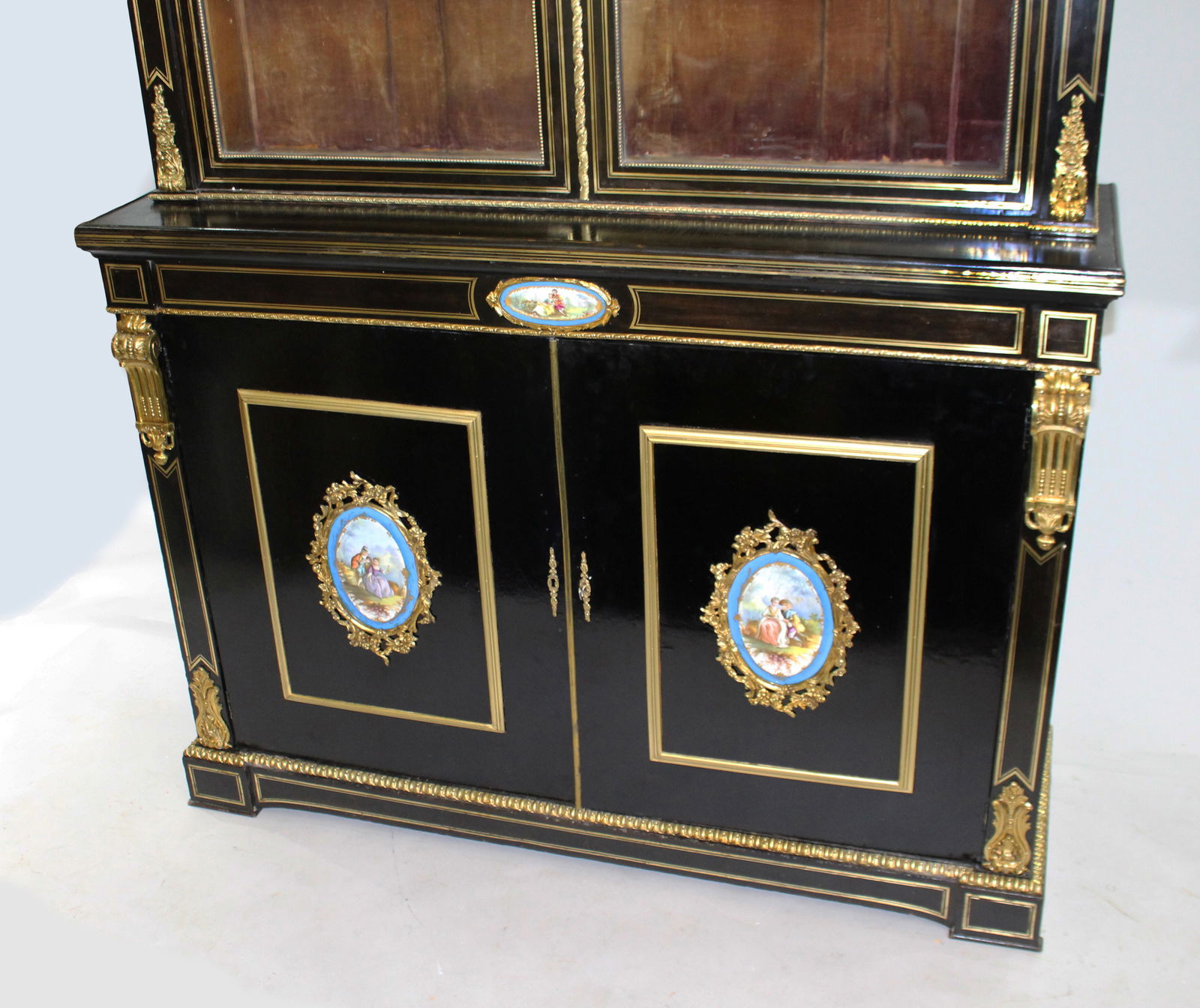 French Brass Inlaid Ebonized Bookcase with Sevres Plaques c.1820 - 6