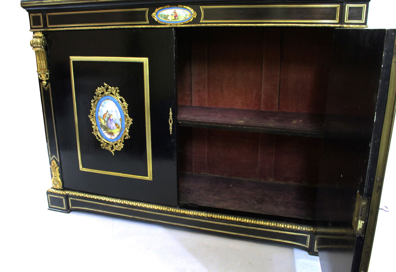 French Brass Inlaid Ebonized Bookcase with Sevres Plaques c.1820 - 8