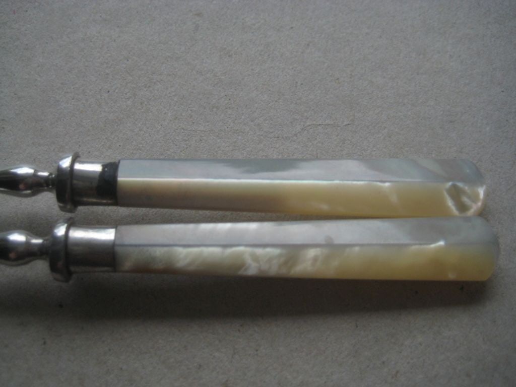Antique Pair of Mother of Pearl Hafted Silver Plated Pickle Forks - 6