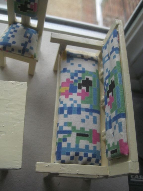 Vintage Dolls House Wooden Table, Settee Chair, and Three Chairs - 4