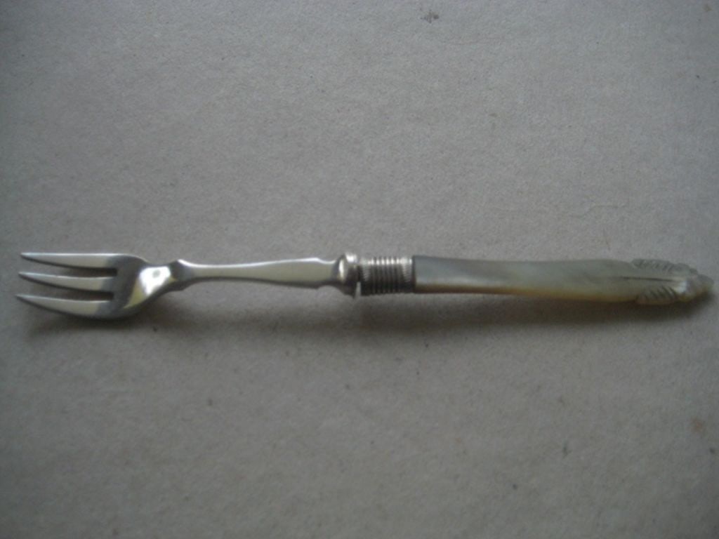 Antique Mother of Pearl Hafted Silver Plated Pickle Fork - 9