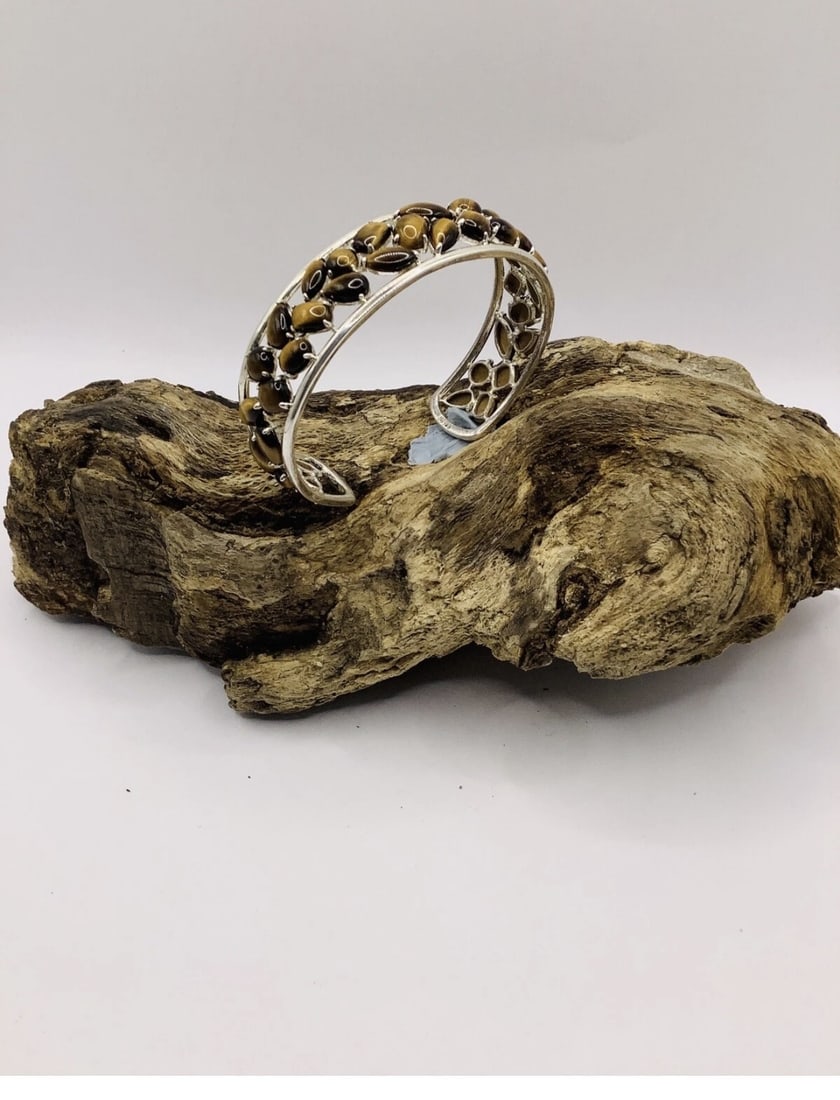 Stunning Vintage 925 Silver Tigers Eye Floral Vine Design Cuff Bangle 24.10g - 2