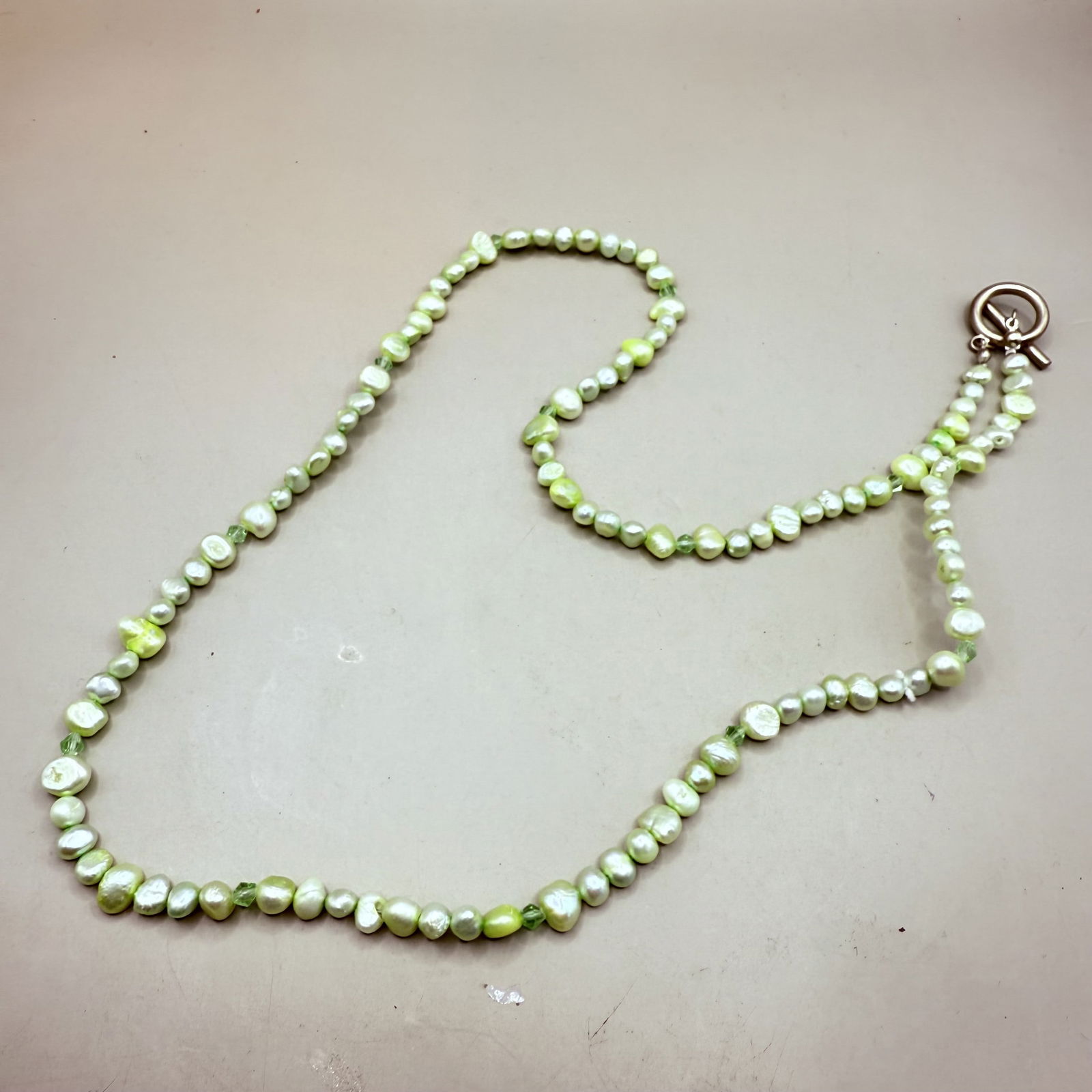 Vintage Pale Green Baroque Beaded Freshwater Pearl 70cm Long Necklace With White Metal T Clasp (N... - 3