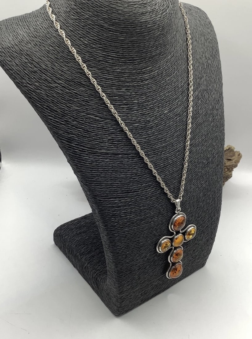 Vintage Large Baltic Amber Cross Pendant Necklace Weight 36gm Pendant Length 7cm Width 3cm Chai... - 2