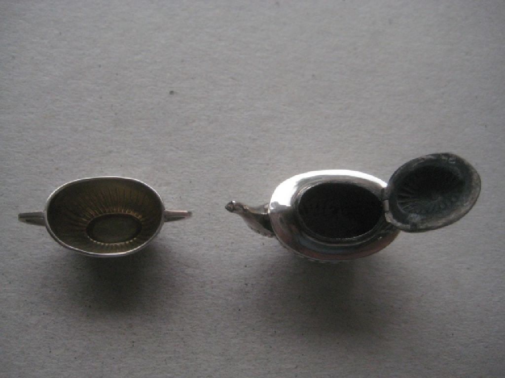 Antique Miniature Silver Teapot and Sugar Bowl, Tray Set - 12