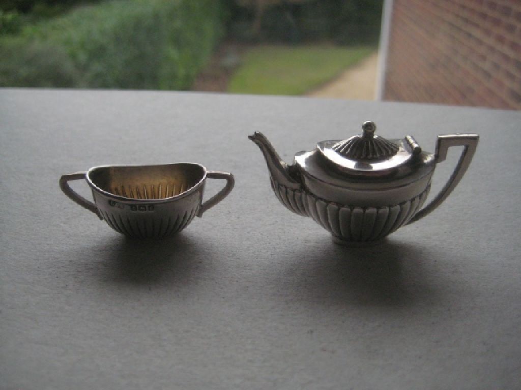 Antique Miniature Silver Teapot and Sugar Bowl, Tray Set - 8
