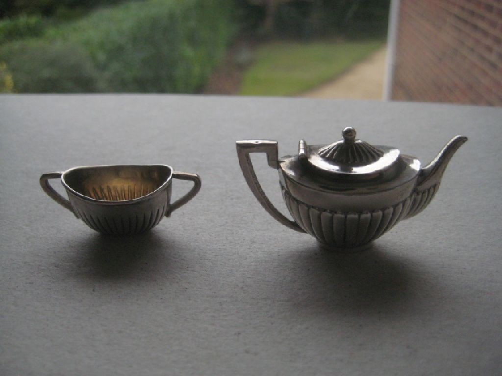 Antique Miniature Silver Teapot and Sugar Bowl, Tray Set - 9