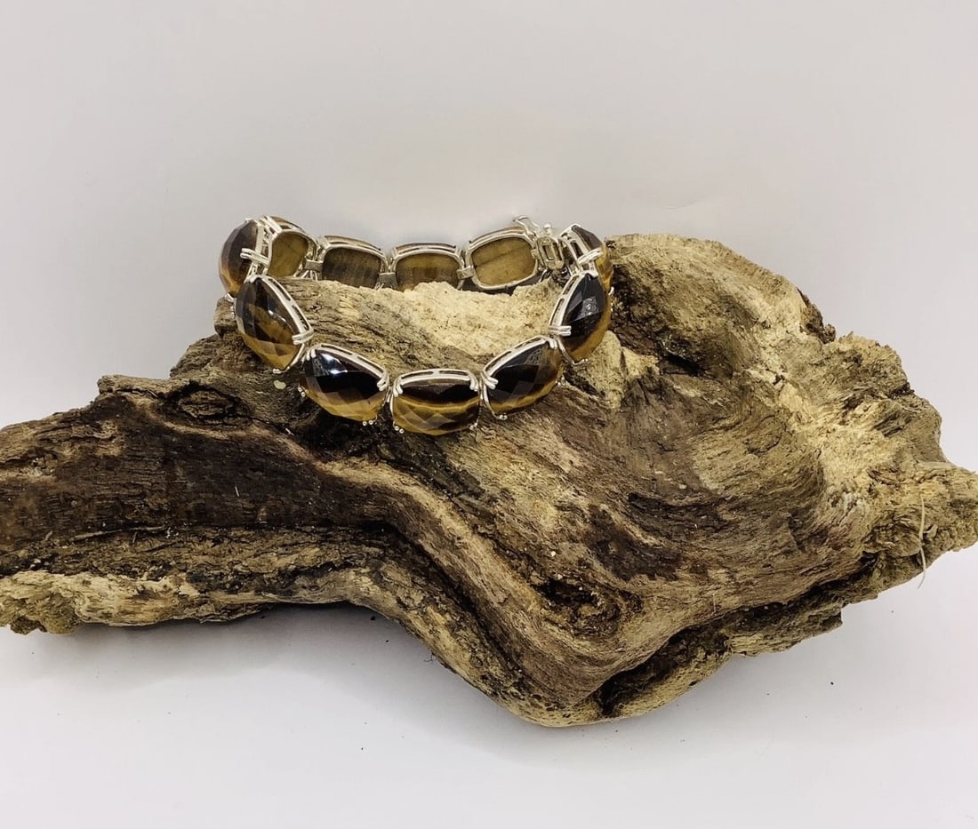 Vintage 1980s Unisex Sterling Silver Tigers Eye Cabochon Bracelet 8 inch 29.4g: Title: Vintage 1980s Unisex Sterling Silver Tigers Eye Cabochon Bracelet 8 inch 29.4g Description: vintage 1980s Unisex Sterling Silver Tigers Eye Cabochon Bracelet 8 inch