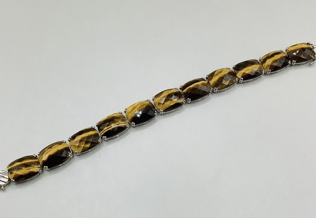 Vintage 1980s Unisex Sterling Silver Tigers Eye Cabochon Bracelet 8 inch 29.4g - 2