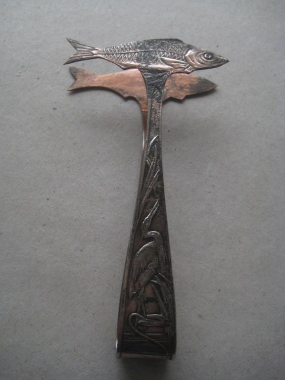 Antique Copper Heron and Salmon Decorated Fish Tongs - 2