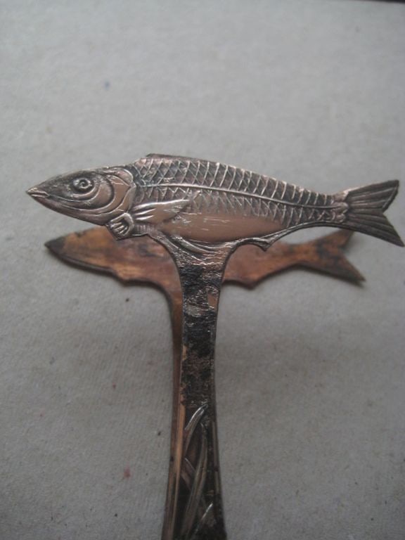 Antique Copper Heron and Salmon Decorated Fish Tongs - 4