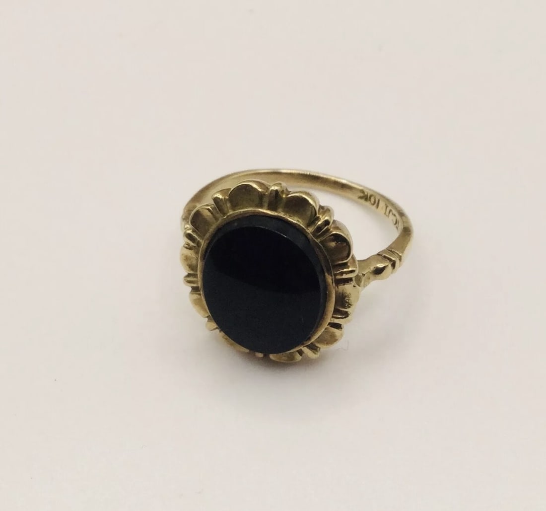 Vintage 10 Ct Gold Black Onyx Solitaire Dress Ring UK Size M US6 Eu 53 3.8g - 4