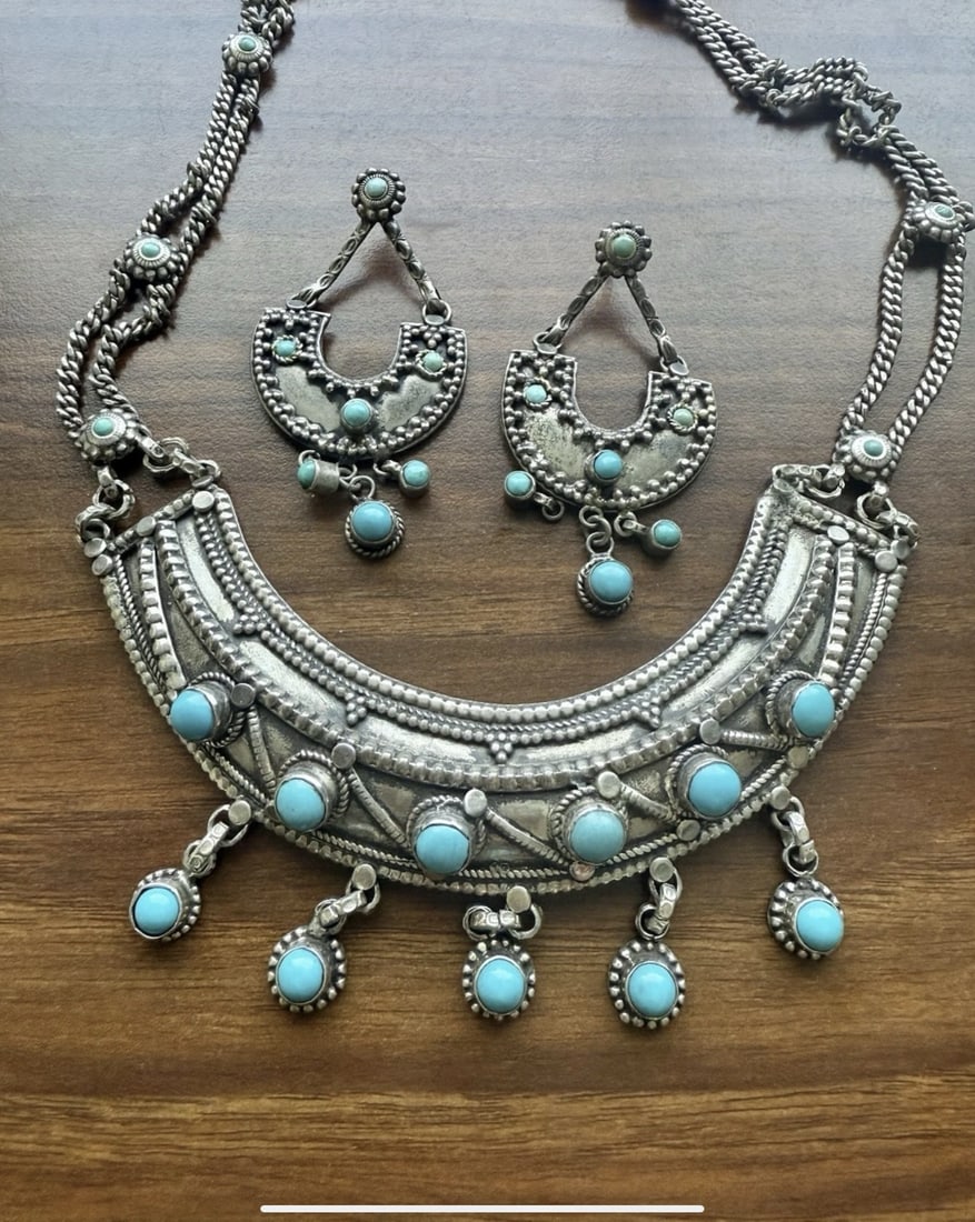 Vintage Sterling Silver /Turquoise Statement Choker Necklace & Earrings Set 116g - 2