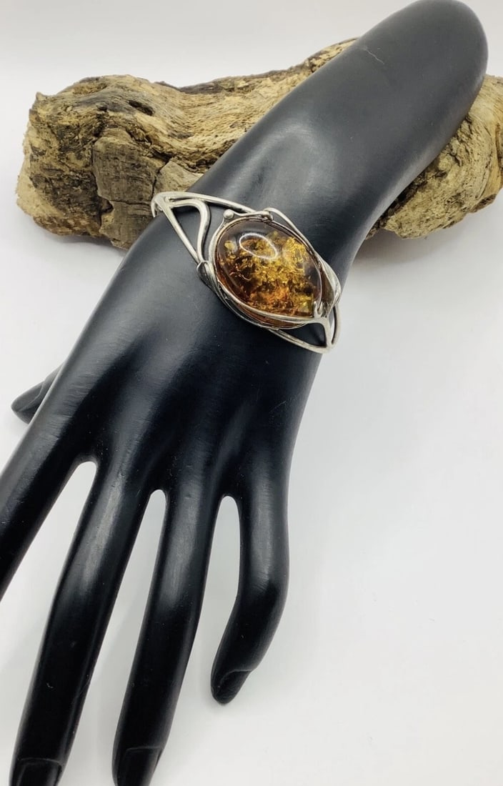 New TGGC Sterling Silver Cognac Amber Cabochon Cuff Bangle 17.86gm - 2