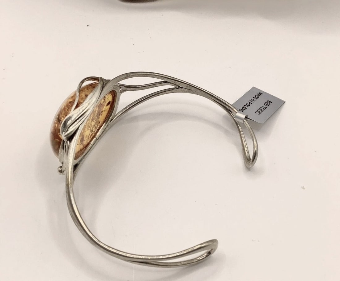 New TGGC Sterling Silver Cognac Amber Cabochon Cuff Bangle 17.86gm - 3