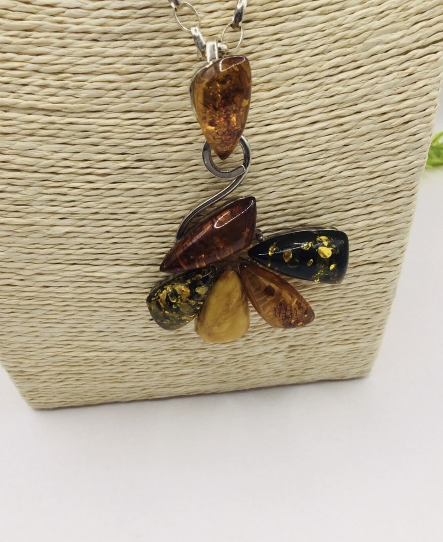 Vintage 925 Silver Large Modernest Tri Colour Amber Pendant Necklace L52"" 40gm Pendant 75mm - 2