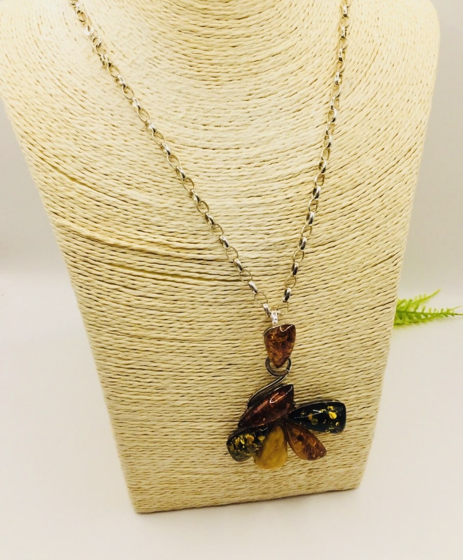 Vintage 925 Silver Large Modernest Tri Colour Amber Pendant Necklace L52"" 40gm Pendant 75mm - 3