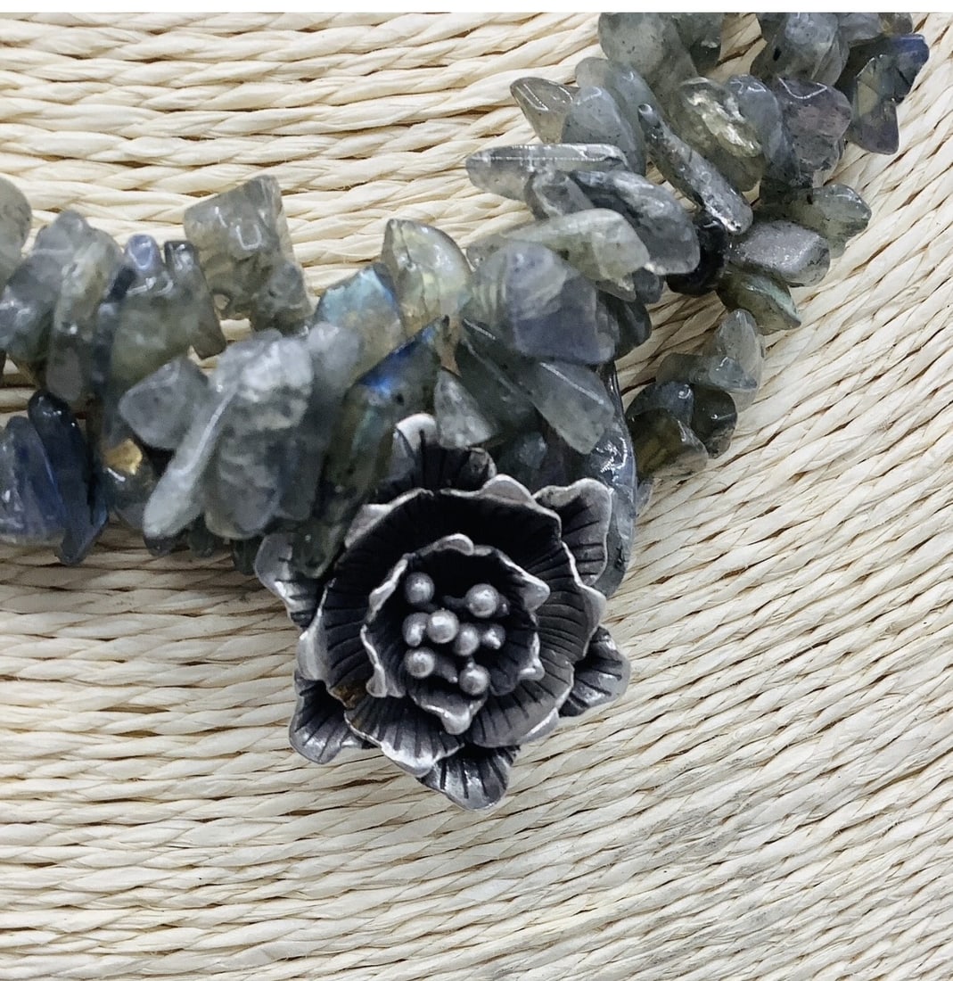 Vintage Multi Strand Labradorite Chip Bead Sterling Silver Rose Pendant Necklace 82g - 2