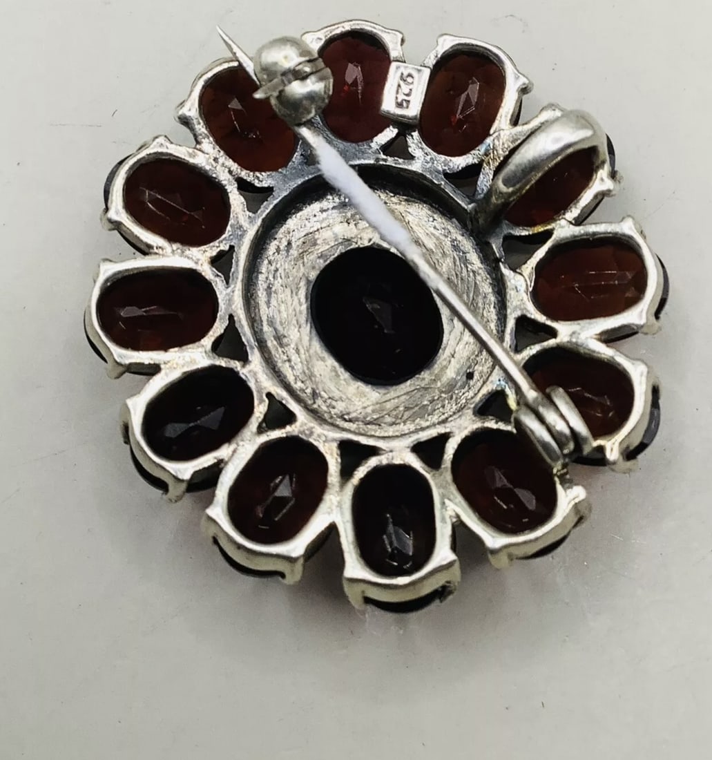 Large Antique Sterling Silver Red Wine Almandine Garnet Brooch/Pendant - 3