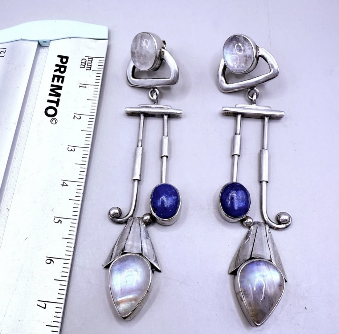 Antique Vintage 925 Silver Moonstone/Lapis Art Deco Oversized Dangle Earrings - 2