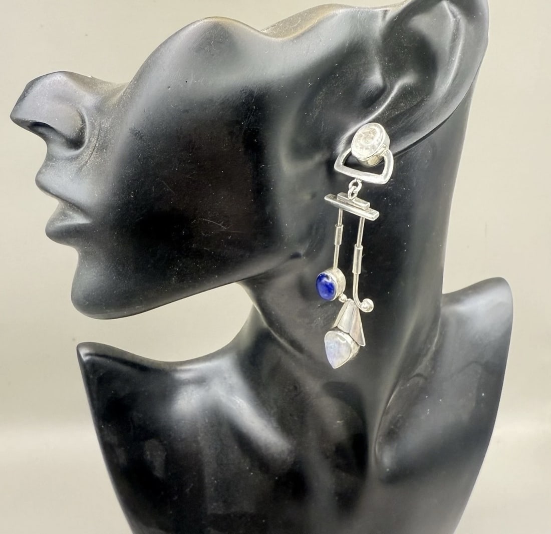 Antique Vintage 925 Silver Moonstone/Lapis Art Deco Oversized Dangle Earrings - 3