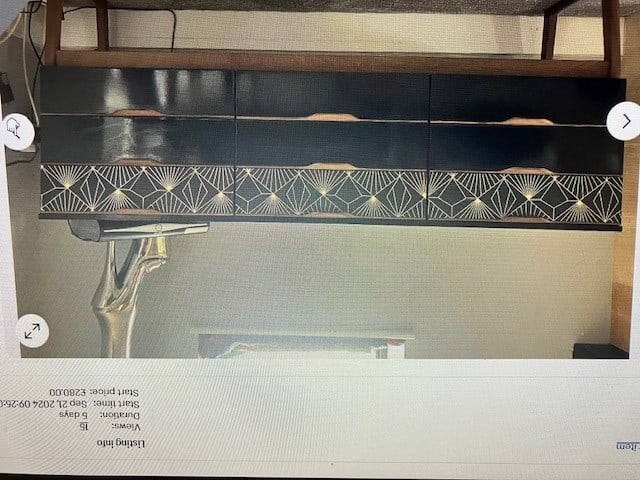 Art Deco Vintage Sideboard: Title: Art Deco Vintage Sideboard Description: Item is in very good condition. Some minor scratches on the top as shown in pictures. Solid black painted back. Designer boot lamp not included.