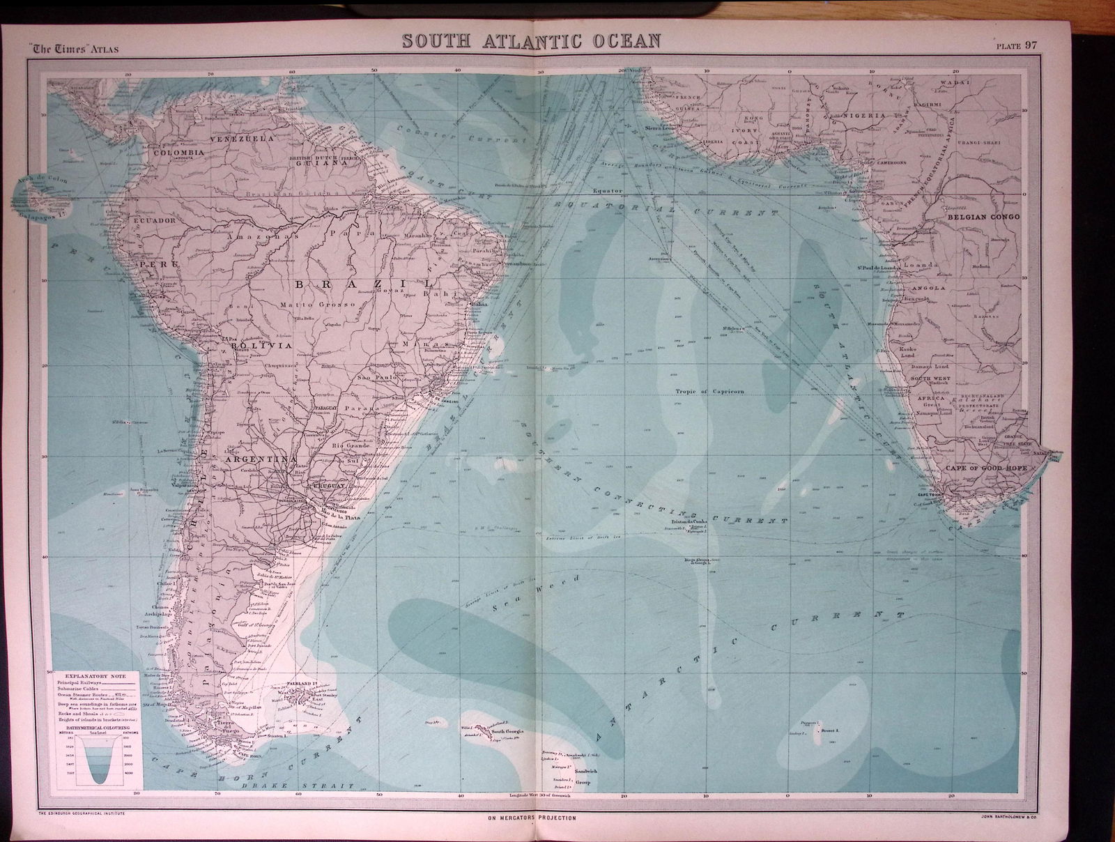 South Atlantic Ocean Large Coloured Antique Map John Bartholomew (1 of 2)