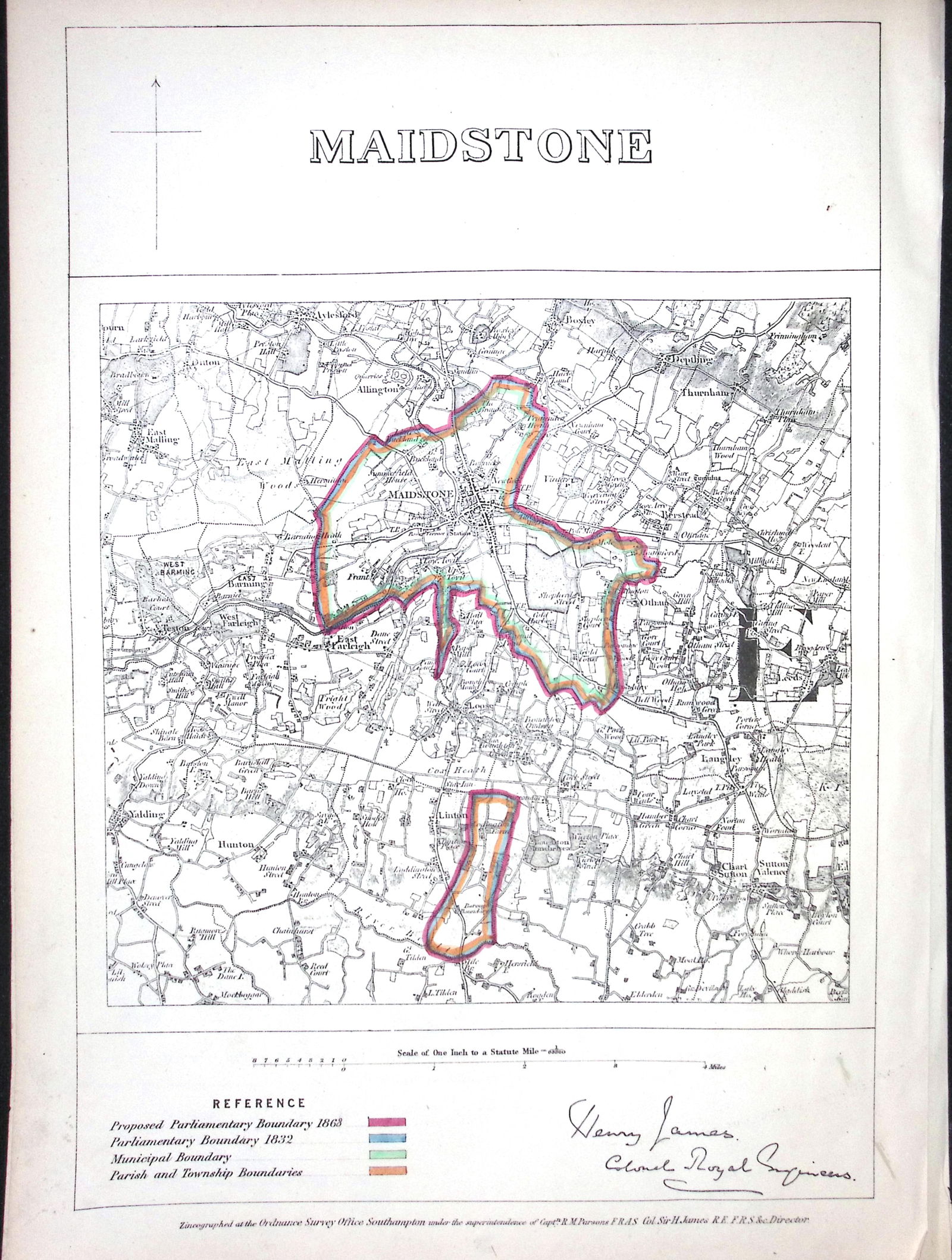 Maidstone Kent Boundary Commission 157-Year-Old Coloured Antique Map. (1 of 1)