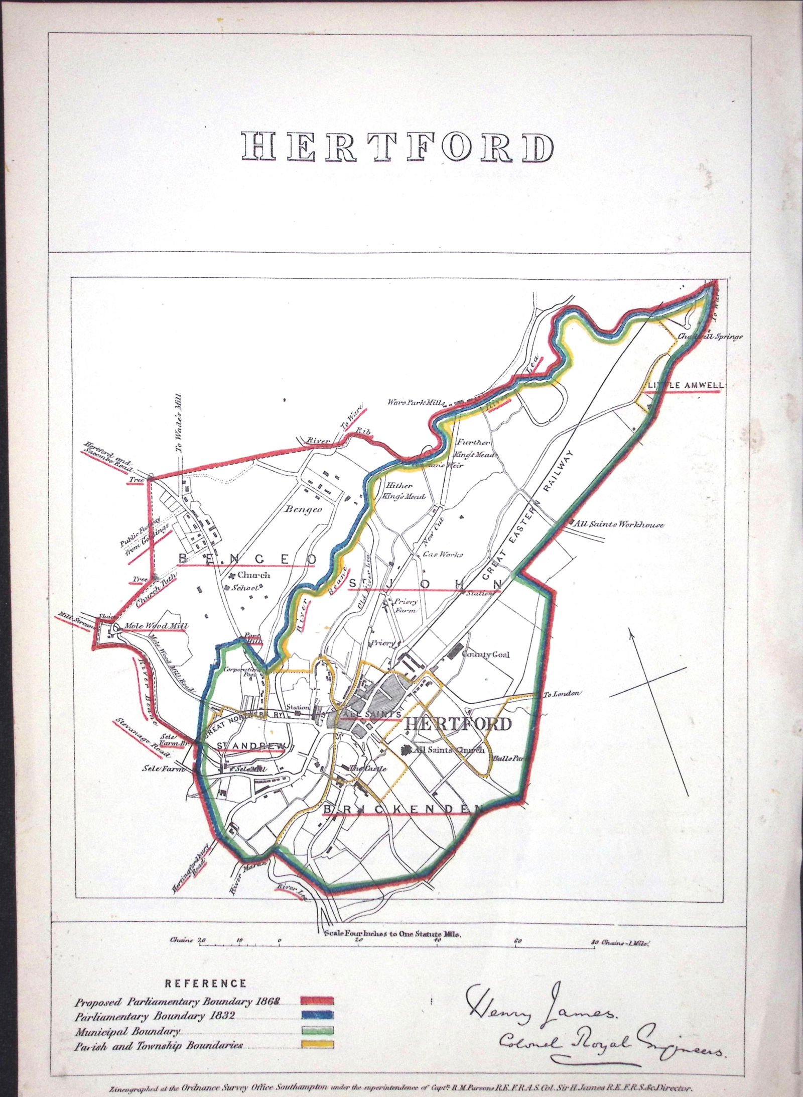Hertford Town & District Boundary Commission 157-Year-Old Coloured Antique Map. (1 of 1)