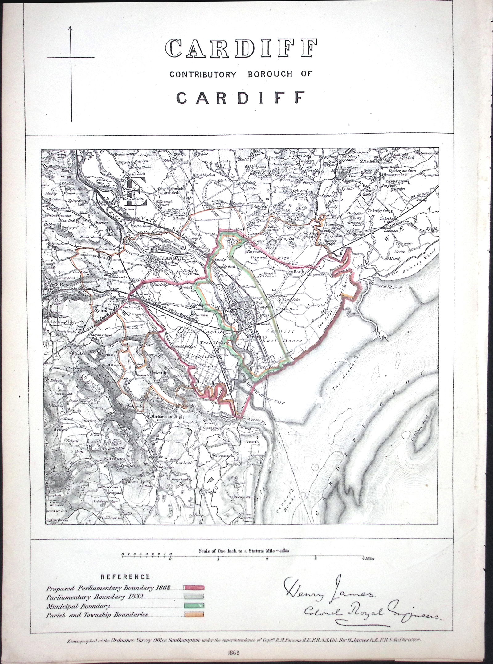 Cardiff City & District Wales Boundary Commission 157-Year-Old Coloured Antique Map. (1 of 1)