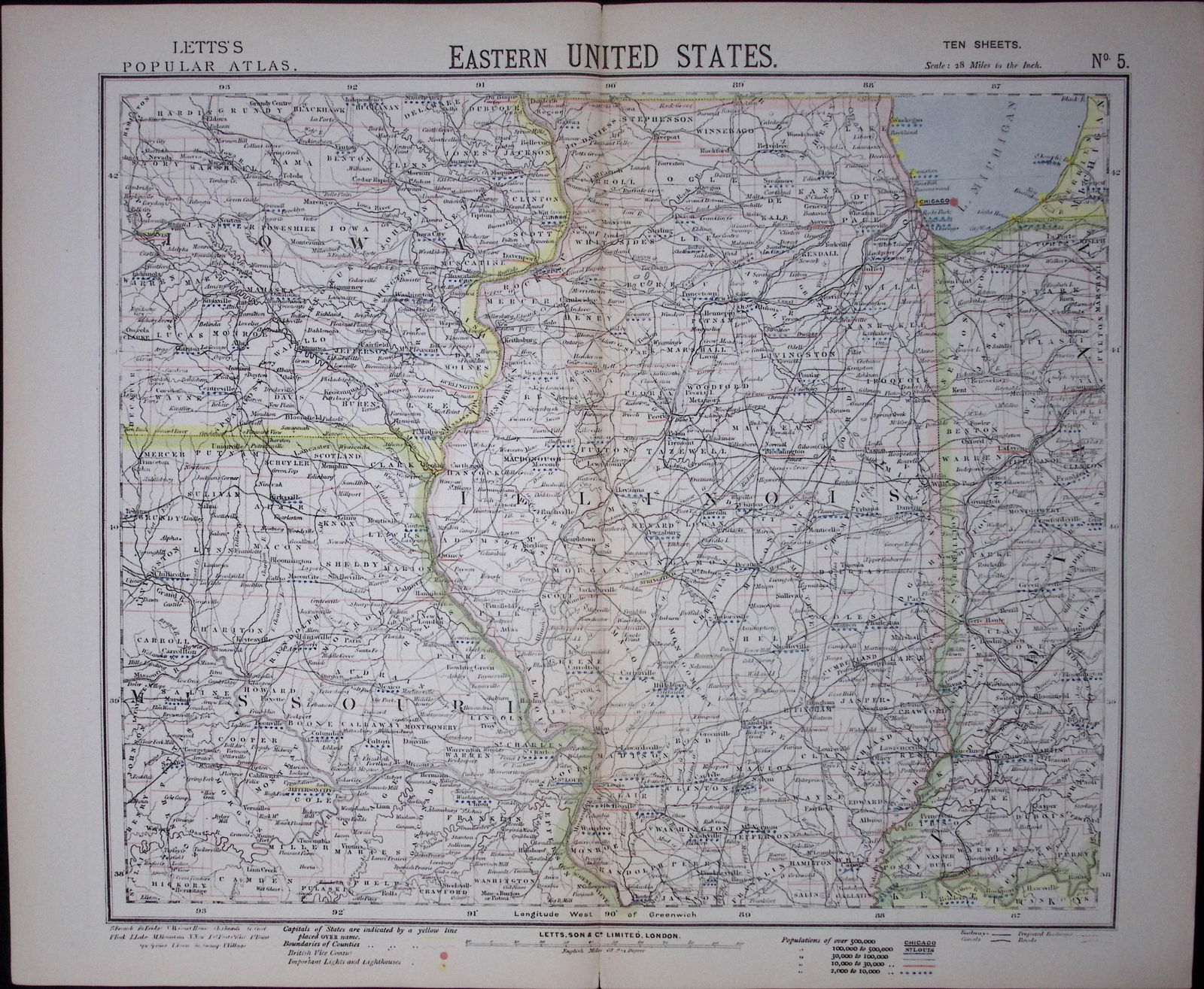 1883 Antique Letts Map United States Illinois, Iowa, Missouri, Chicago-5 (1 of 1)
