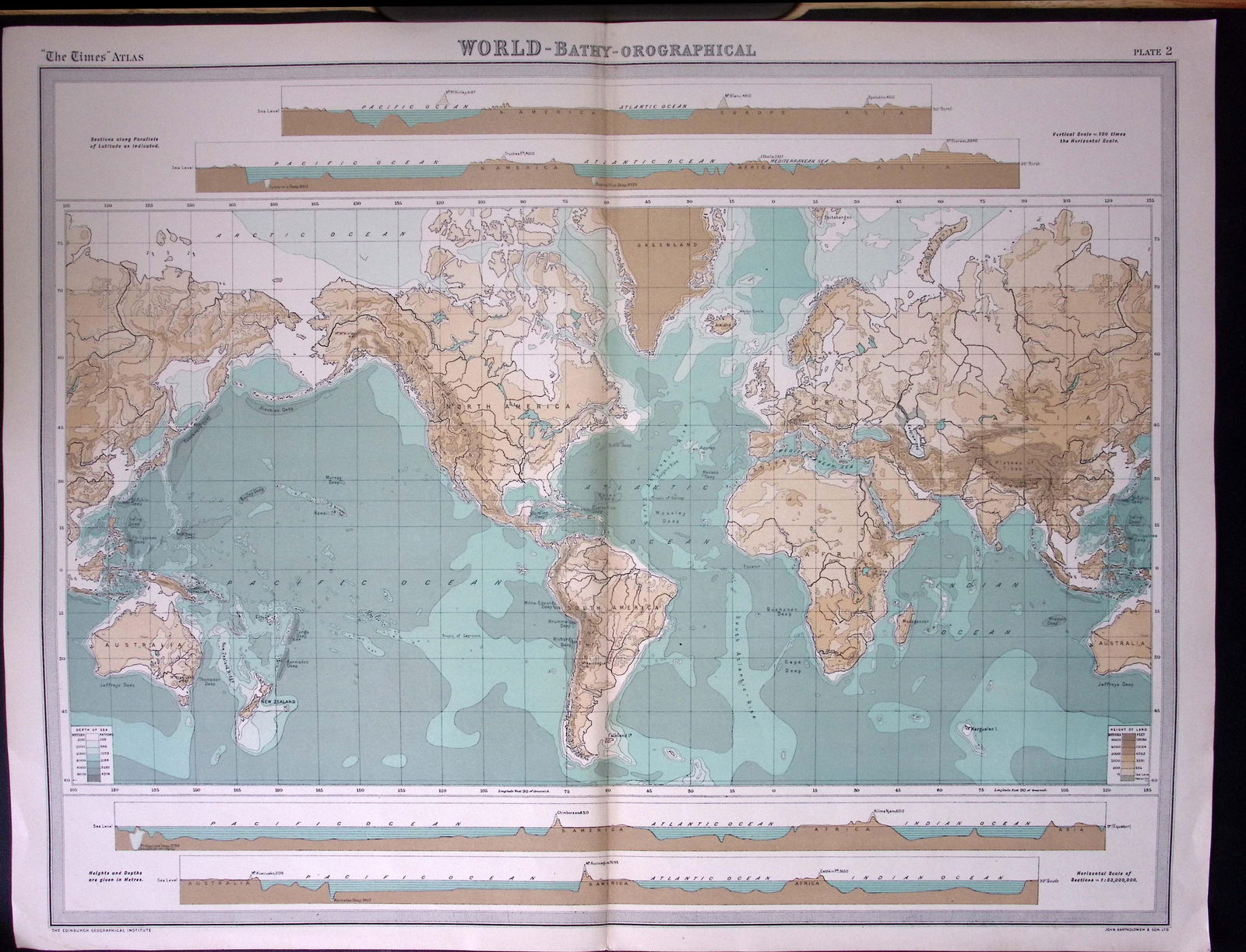 The World Bathy-Orographical Large Antique Map John Bartholomew: Title: The World Bathy-Orographical Large Antique Map John Bartholomew Description: Published by John Bartholomew & Co. in 1922 Entitled the Times Atlas. Measur