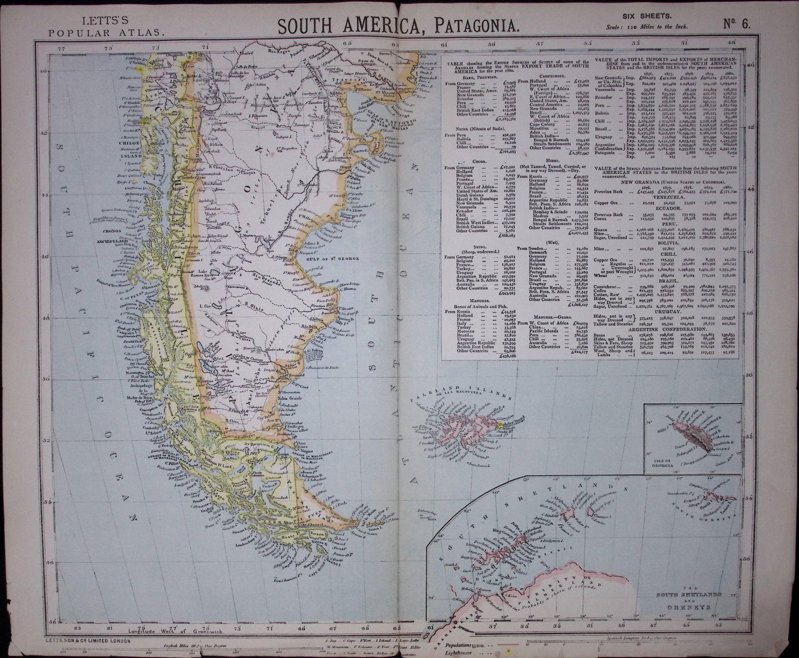 1883 Antique Coloured Letts Map South America Falklands, Patgonia-22: Title: 1883 Antique Coloured Letts Map South America Falklands, Patgonia-22 Description: Which Was Removed from an Edition of Letts Popular Atlas. Published In 1883