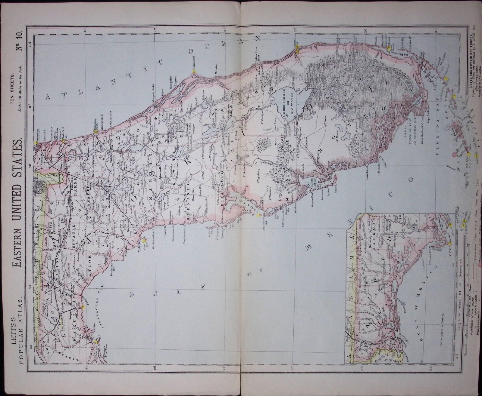 1883 Antique Letts Map United State Florida. Cape Canaveral, Miami-10 (1 of 1)
