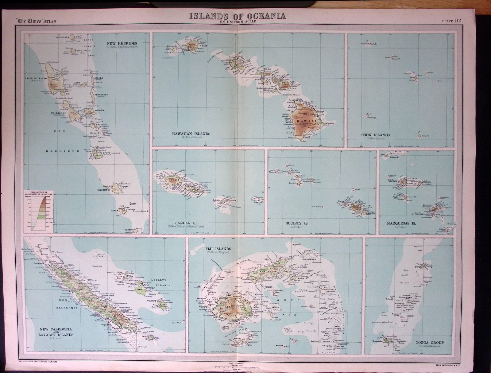 Islands of Oceania Large Coloured Antique Map John Bartholomew: Title: Islands of Oceania Large Coloured Antique Map John Bartholomew Description: Published by John Bartholomew & Co. in 1922 Entitled the Times Atlas. Measure