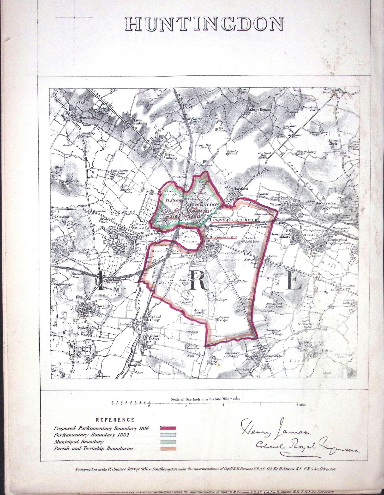 Huntingdon District Boundary Commission 157-Year-Old Coloured Antique Map. (1 of 1)