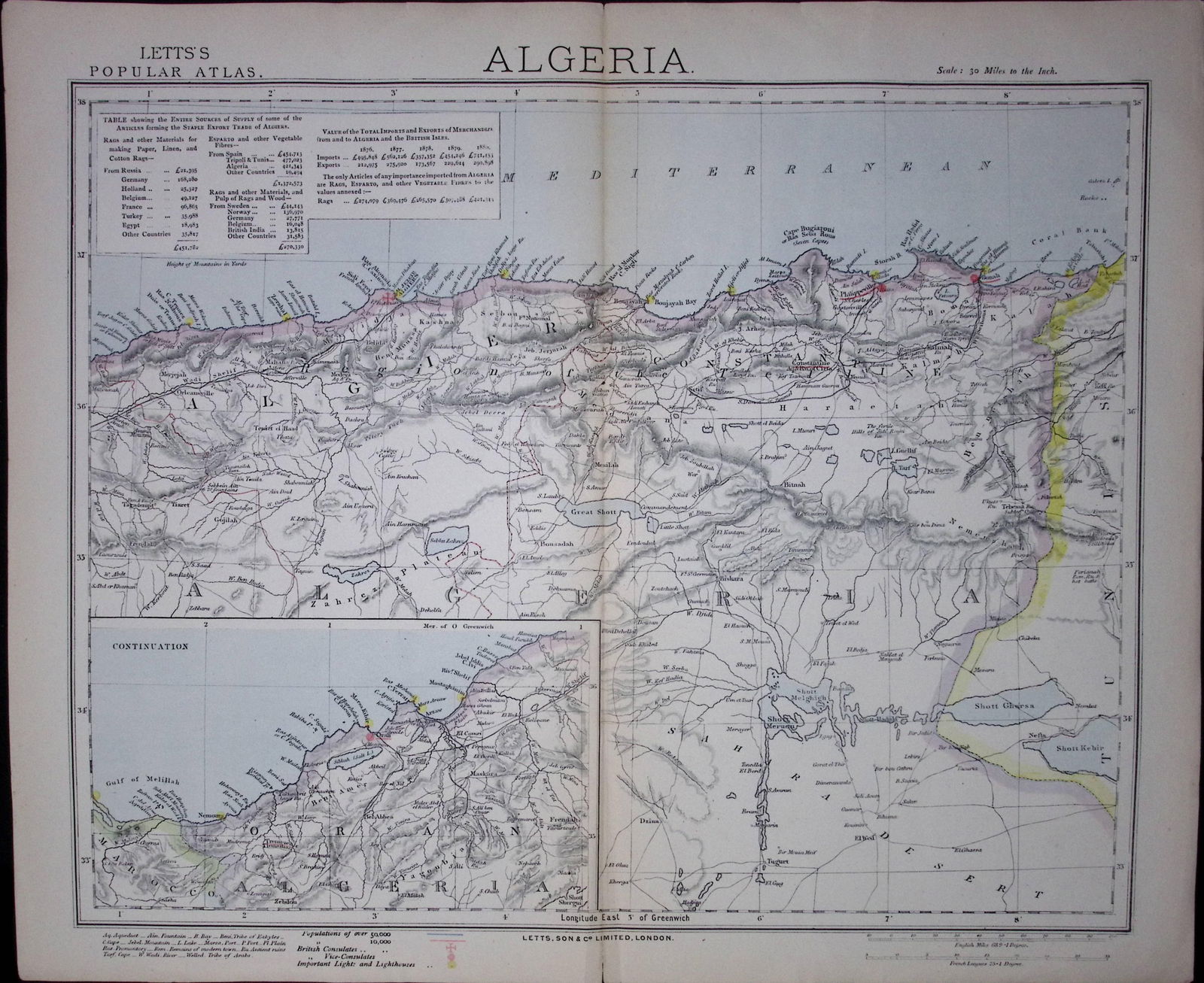 1883 Antique Coloured Letts Map Algeria, Oran- 34: Title: 1883 Antique Coloured Letts Map Algeria, Oran- 34 Description: Which Was Removed from an Edition of Letts Popular Atlas. Published In 1883 During the Reign o