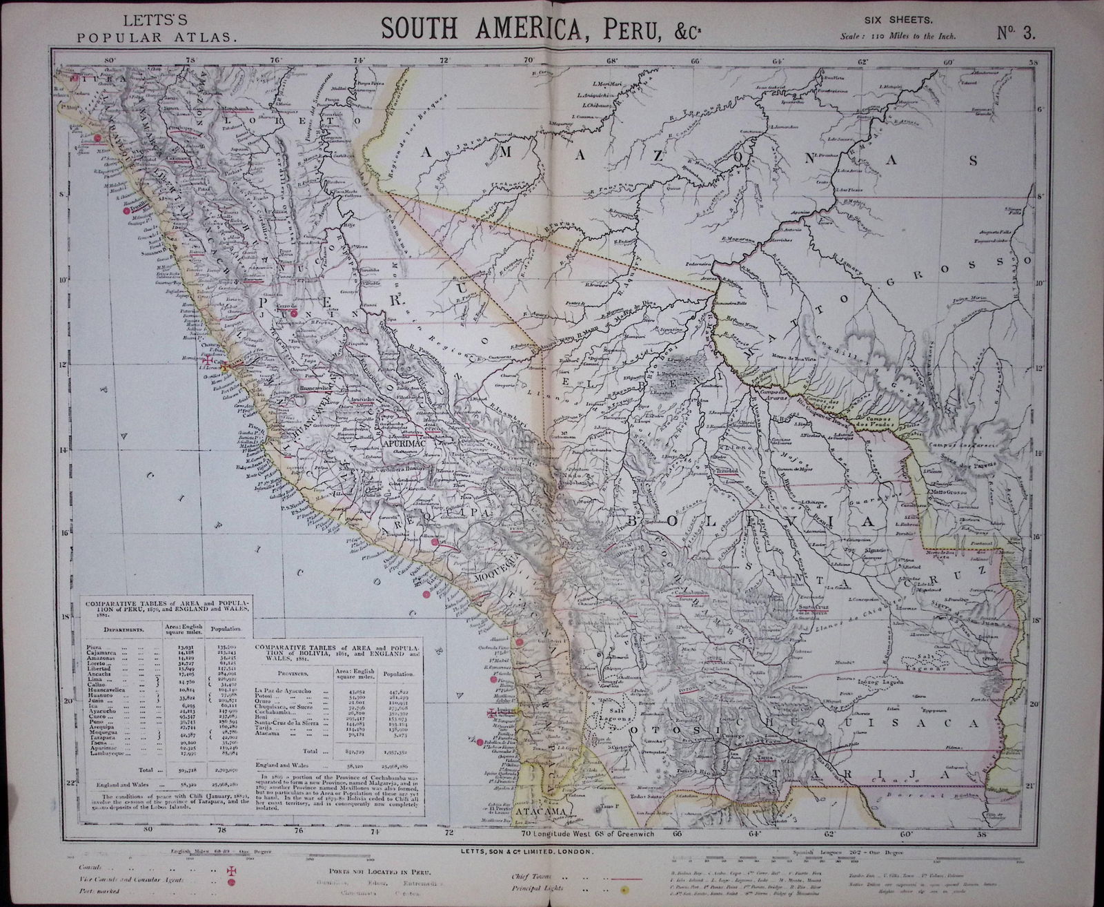 1883 Antique Coloured Letts Map South America Peru, Bolivia, -19: Title: 1883 Antique Coloured Letts Map South America Peru, Bolivia, -19 Description: Which Was Removed from an Edition of Letts Popular Atlas. Published In 1883 Dur