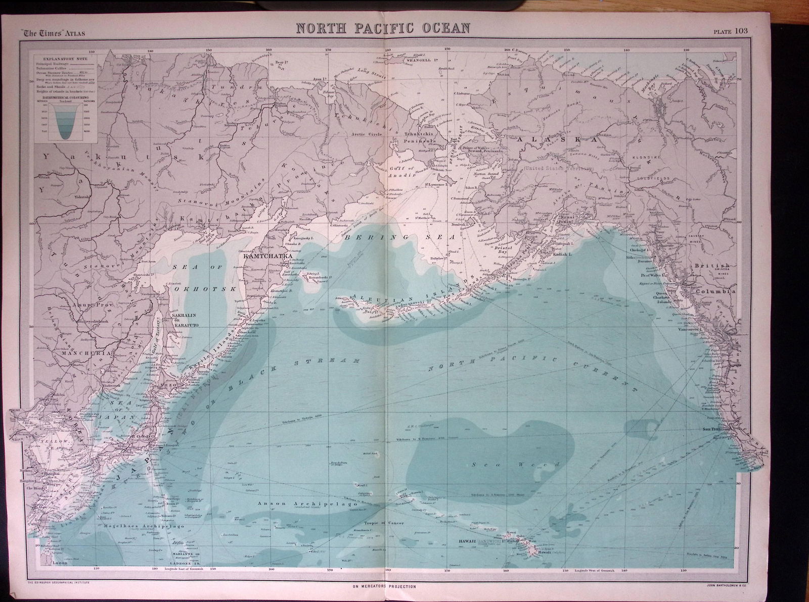 North Pacific Ocean Large Coloured Antique Map John Bartholomew (1 of 2)