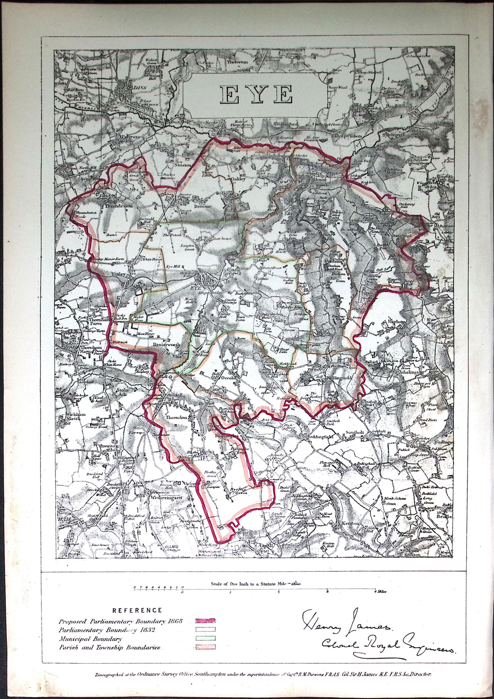 Eye Suffolk Boundary Commission 157-Year-Old Coloured Antique Map. (1 of 2)