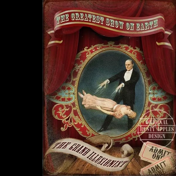 Illusionist Vintage Circus "" The Greatest Show On Earth"" Exclusively Designed Metal Wall Art: Title: Illusionist Vintage Circus " The Greatest Show On Earth" Exclusively Designed Metal Wall Art Description: ★ Approx Size 12” x 8” (Inches) 300 x 200 (mm). ★ Our