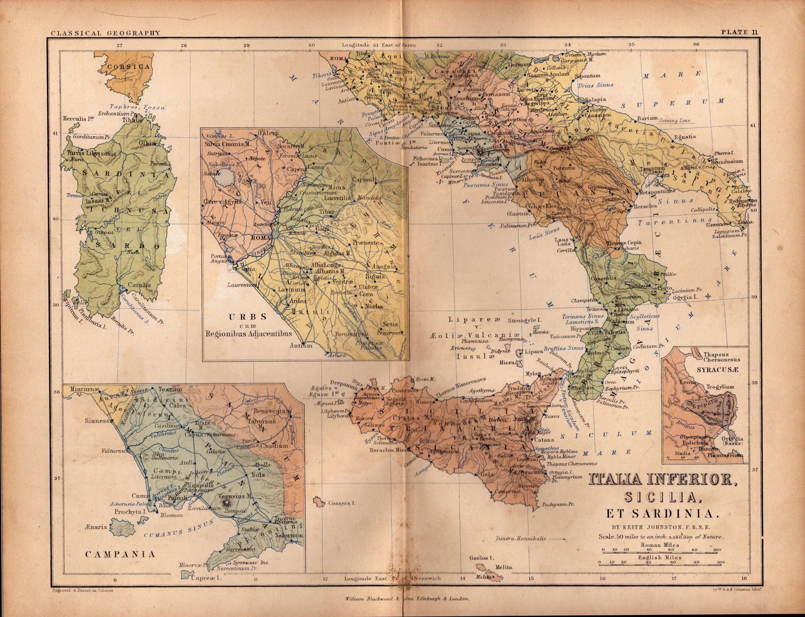 Antique 1867 Coloured Classical Geography Map Italia Sicillia. (1 of 2)